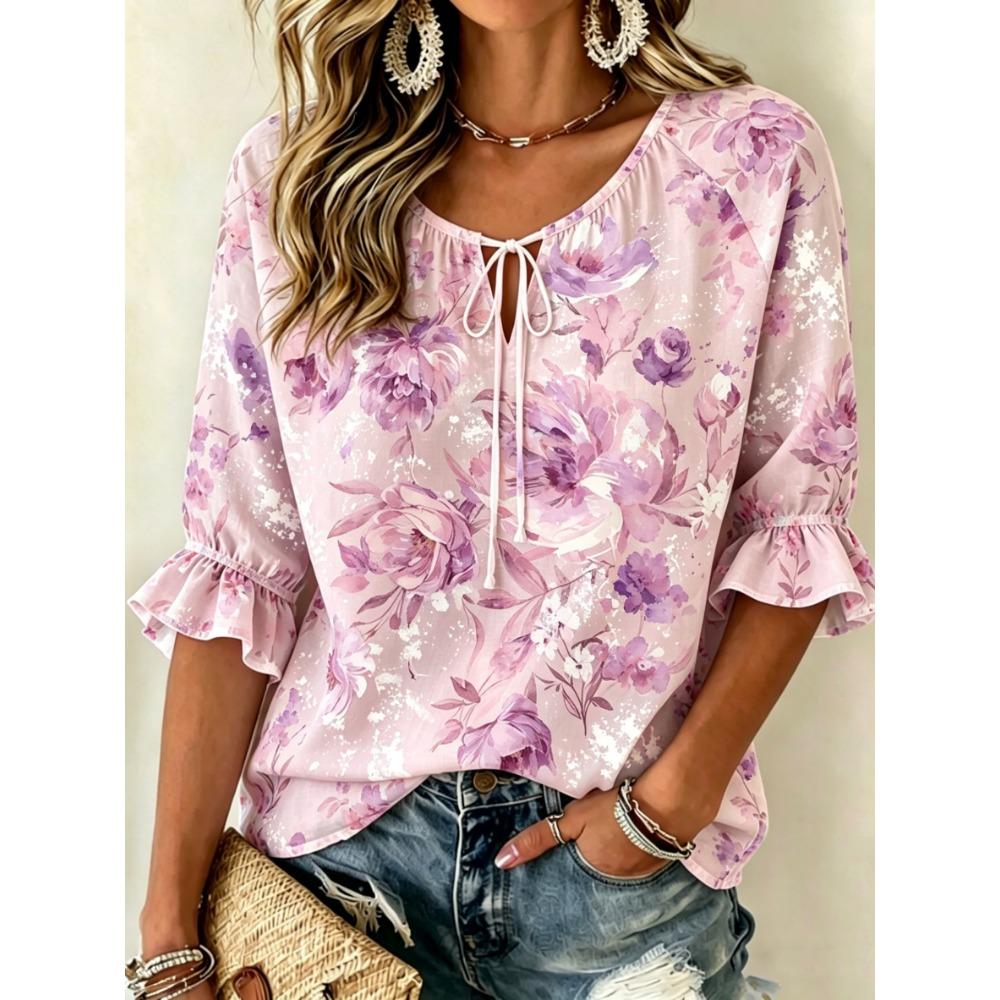 Women's Watercolor Blue Floral Print Tie Front Blouse, Casual Loose Top for Spring Summer Daily