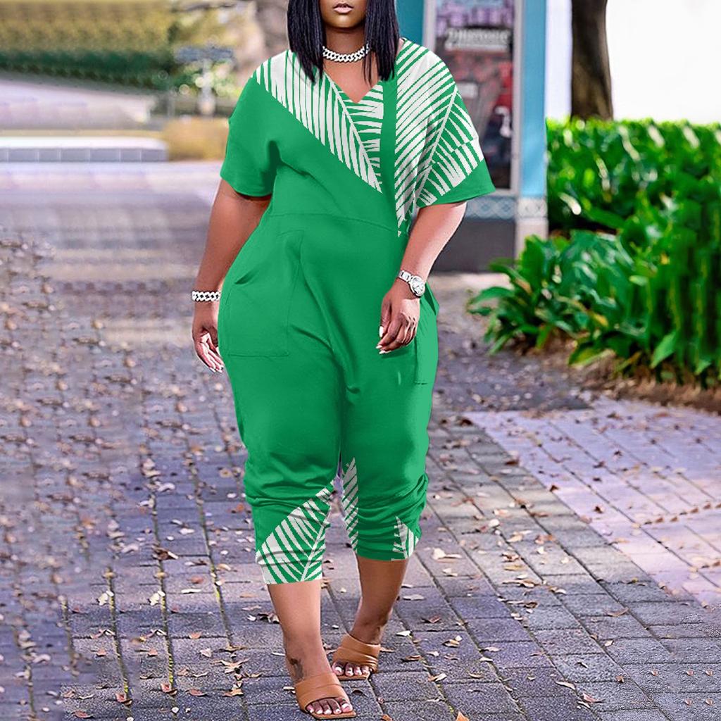 Женские повседневные комбинезоны на молнии с V-образным вырезом и короткими рукавами больших размеров с карманами, широкие длинные комбинезоны