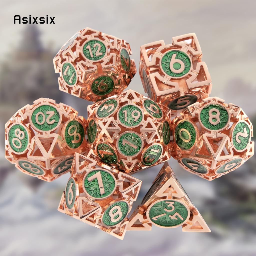 7 Pcs  Green Red Metal Dice Circular Hollow Metal Polyhedral Dice Set Suitable for Role-Playing RPG  Board Game Card Game