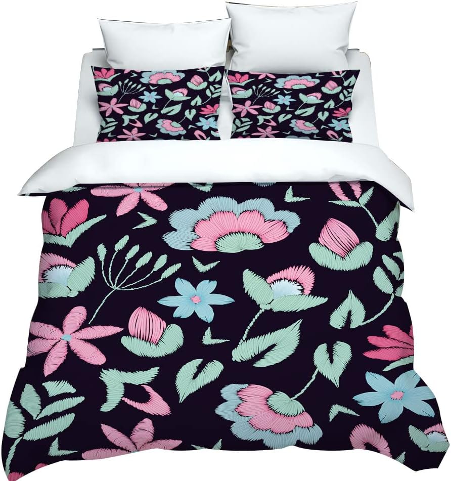 Girls Cartoon Flowers and Leaves Duvet Cover set, Cute Comforter Cover Girly Tropical Plant Summer Bedding Set For Kids Children