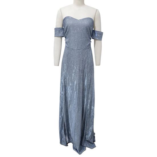 Women Evening Dress Off Shoulder Bandeau Backless Sleeveless Backless Shiny Sequin Split Hem A-line Big Swing Prom Party Maxi Dress Ball Gown