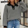 Women's Fashion Casual Stripe Print Autumn Winter Long Sleeve POLO Neck Loose Sweaters