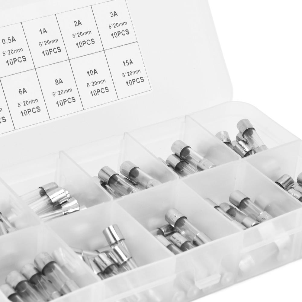 100PCS 5*20mm Glass Fuse Kit 0.2A 0.5A 1A 2A 3A 5A 8A 10A 15A 20A Storage Box Protection Fuses Fuse Assortment Kit