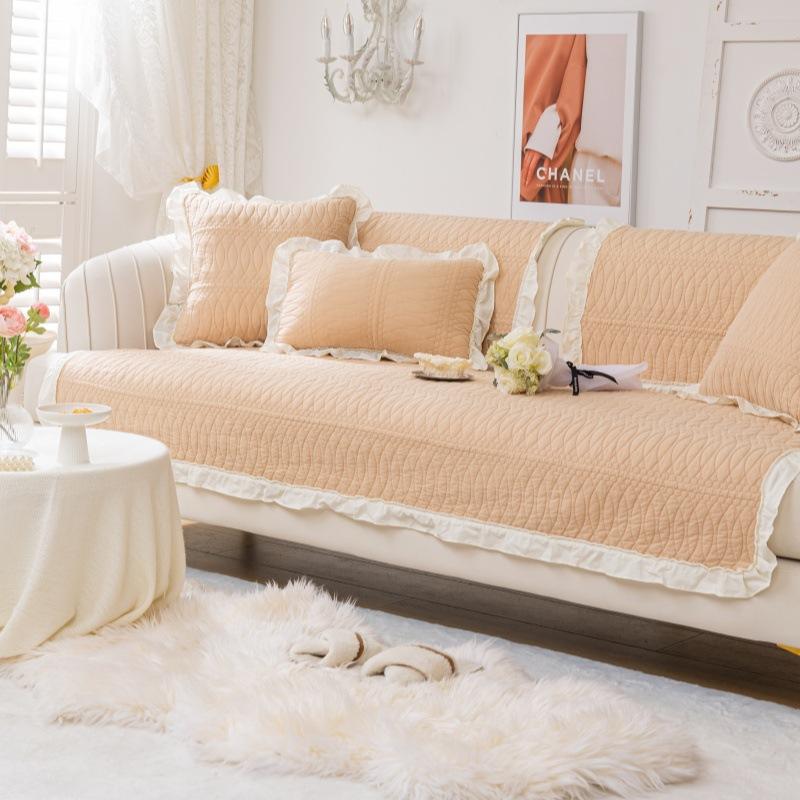 Подушка на диван из чистого хлопка с оборкой, универсальная для всех сезонов, хлопковая ткань, нескользящая ткань для чехла на подушку сиденья, простой современный чехол на диван