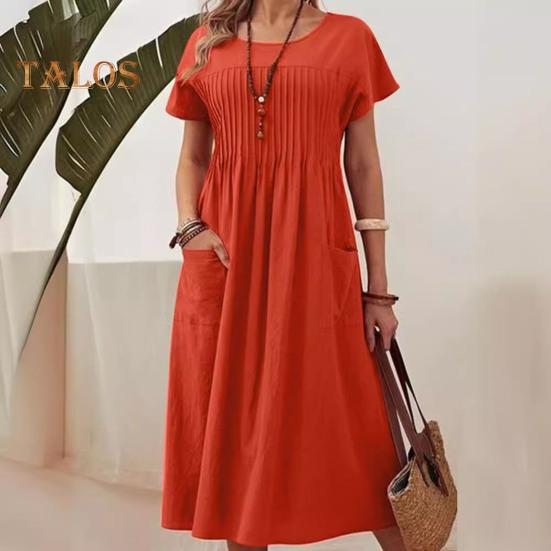 Женское повседневное платье, платье макси с круглым вырезом, короткими рукавами и карманом, свободное летнее платье для офиса, повседневная пляжная вечеринка