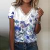 Women Casual Loose Shirts V Neck Short Sleeve Flower Print Lace Tops T-shirts Tee
