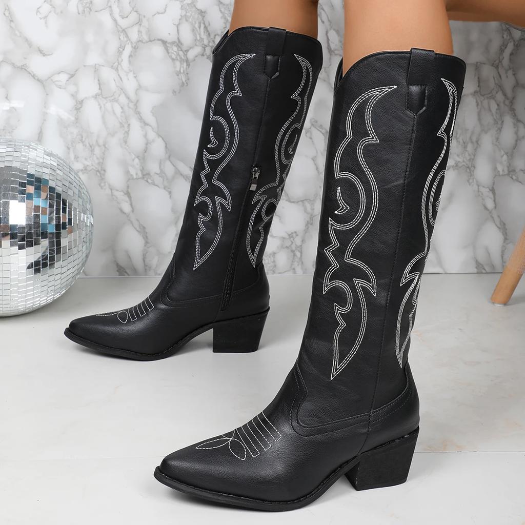 Western Cowgirl High Knee Boots New Trend Embroidered Winter Shoes for Women White Pink Cowgirl Cowboy Boots Zapatos De Mujer