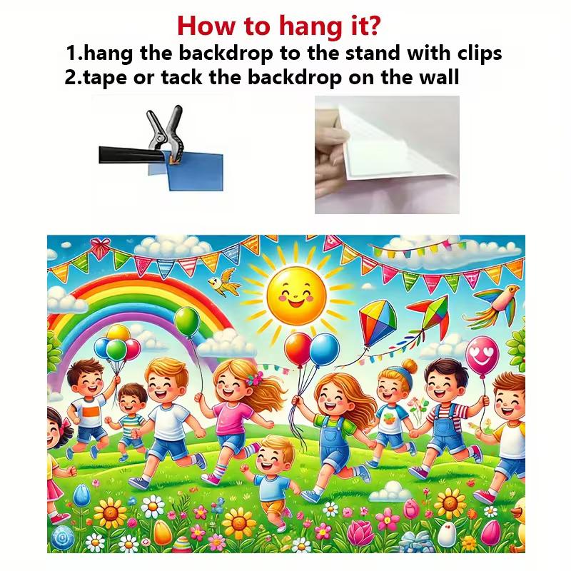 2D Happy Kids Playing with Rainbow Backdrop Party Photo Background Cloth