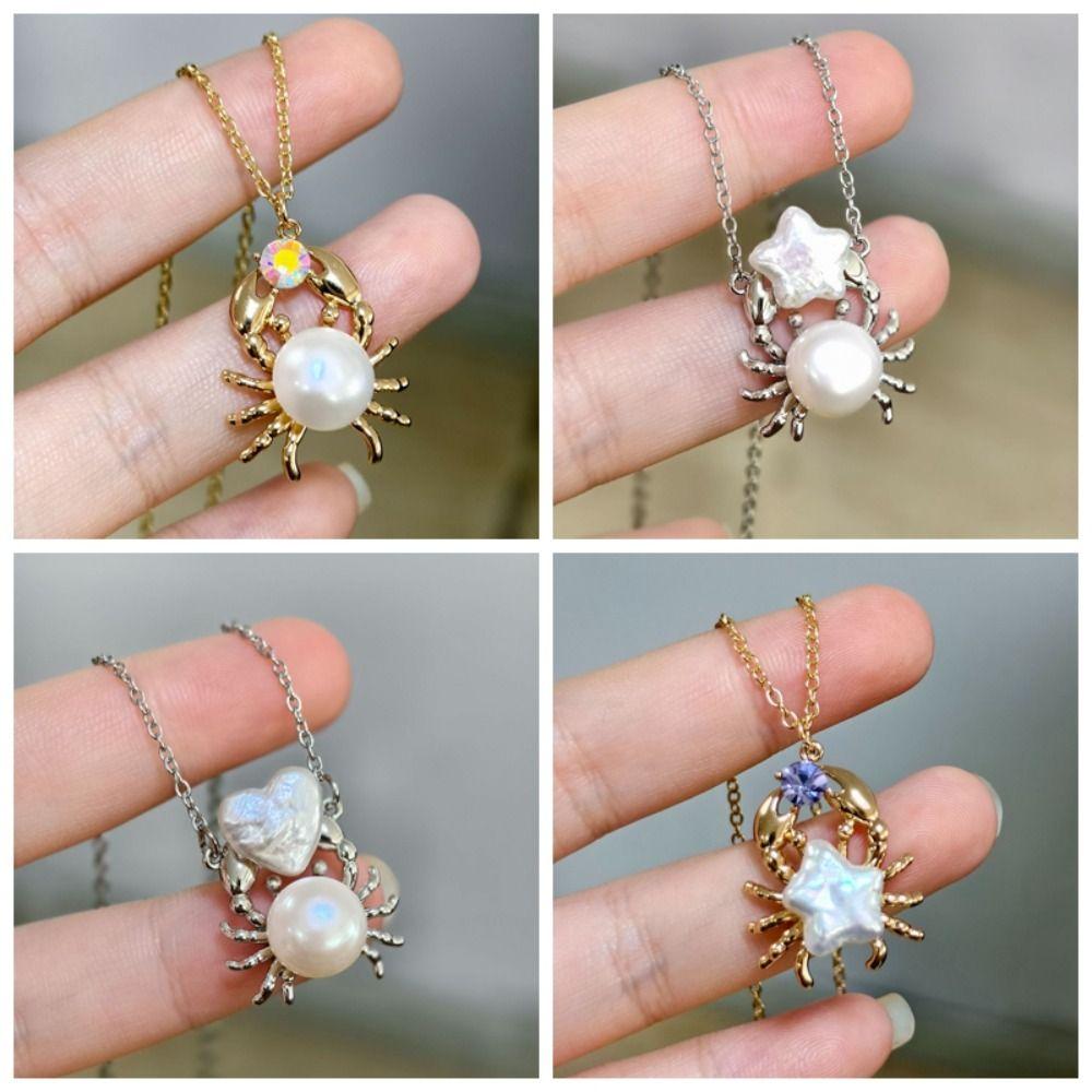 Rhinestone Pearl Crab Shape Necklace Mini Star Collarbone Chain Personalized Heart Necklace Gift