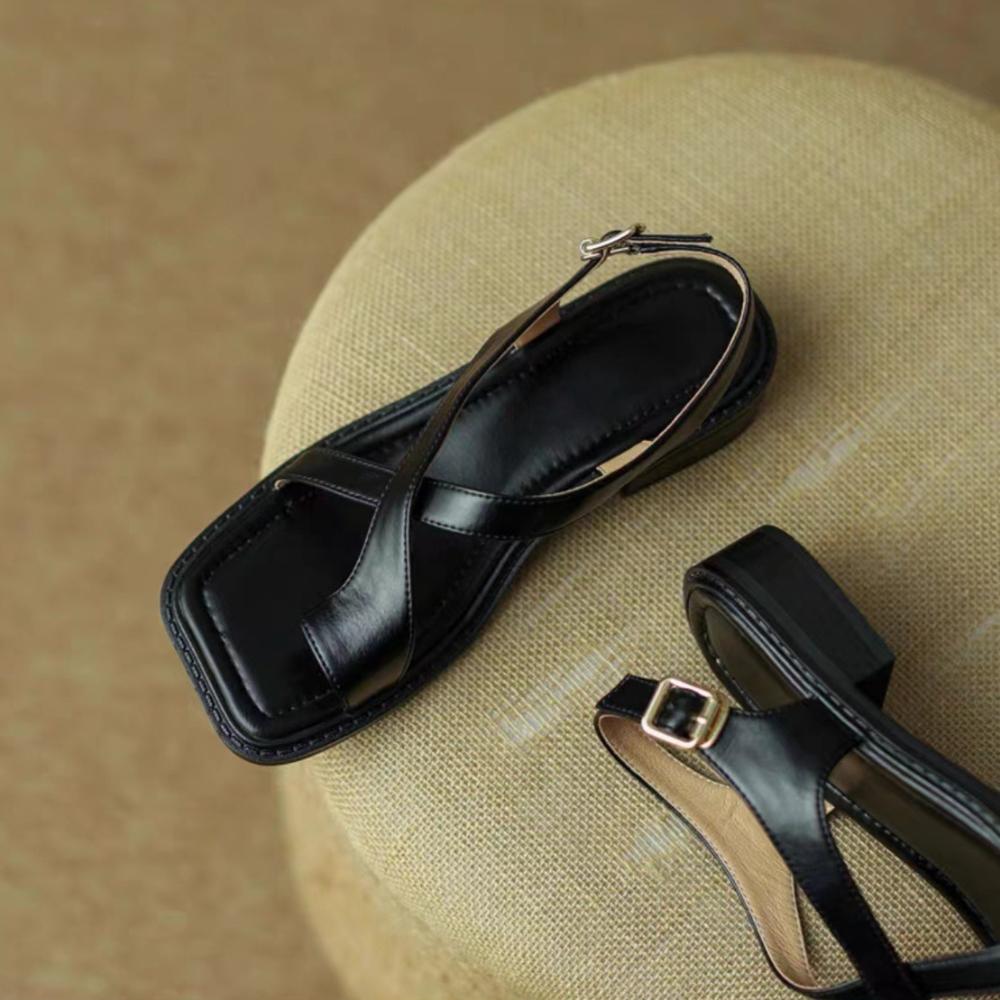 Модные женские сандалии Французские ретро сандалии Женские плоские римские сандалии с пляжным низким каблуком Широкий каблук Женские сандалии De Mujer