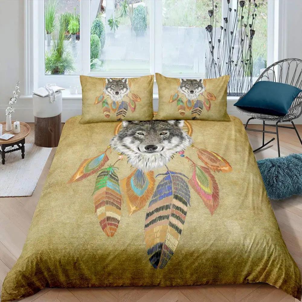 Wolves Dreamcatcher Duvet Cover Set, Animal Prints Queen Size Comforter Cover, Dreamlike Vintage Feather Wolf Bedding 3pcs Sets