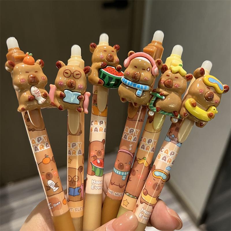 6 Pcs/set Cute Labubu Pendant Pen Erasable Gel Pen Capybara Retractable Erasable Pen Quick-Drying St Head Writing Pen