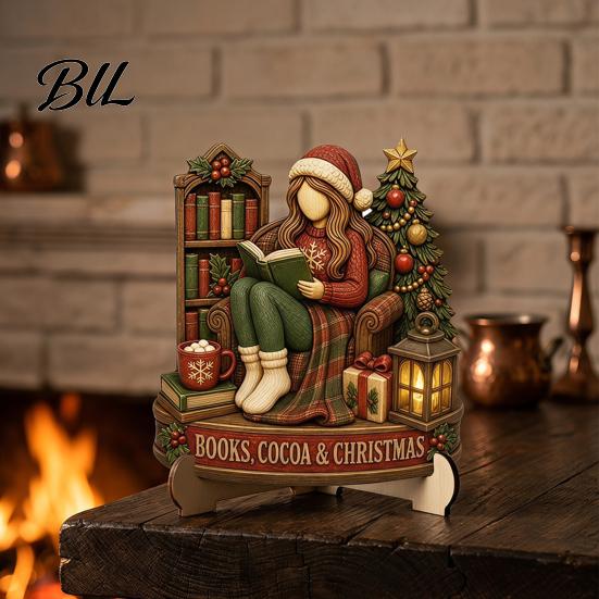 Holiday Tabletop Decorations 2D Flat Wooden Christmas Sign, Reading Gnome Nutcracker Snowman Santa Claus Ornaments Gingerbread Man Figurine,