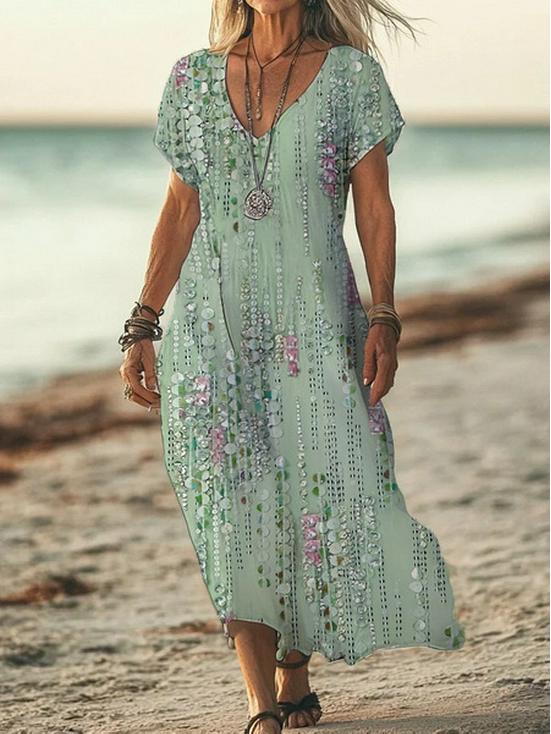 Bohemian Retro Print Raglan Sleeve Summer Maxi Dress