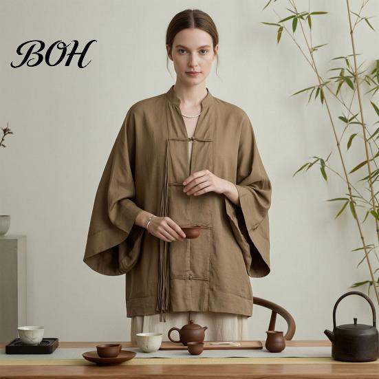 Durable Polyester Blouse Women Stand Collar Shirt, Chinese Frog Button for Early Meditation Clothing Fall, Loose Casual Solid Color Long Sleeve