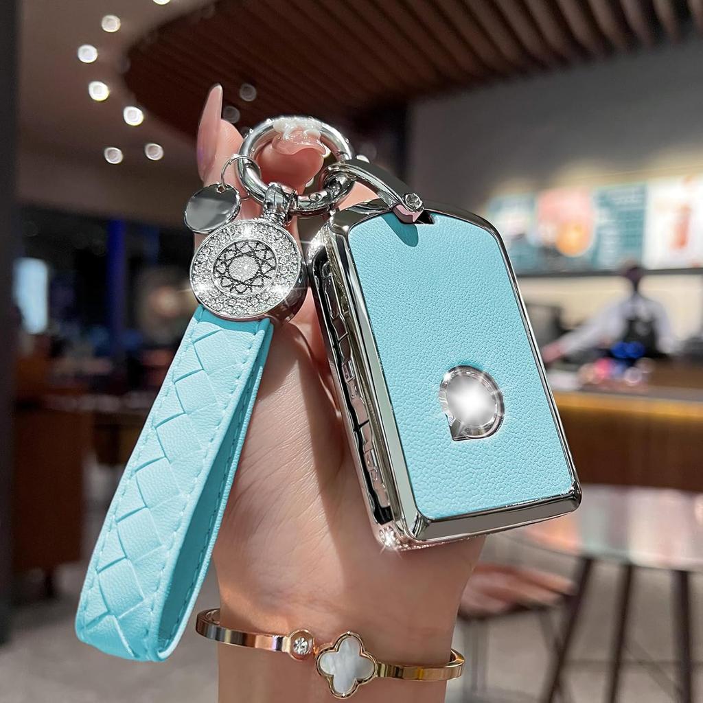 for Volvo Key Fob Cover with Keychain, Blue Leather Rhinestone Key Case Protection Shell Compatible with XC90, XC60, XC40, S60, S90, V60, V90,