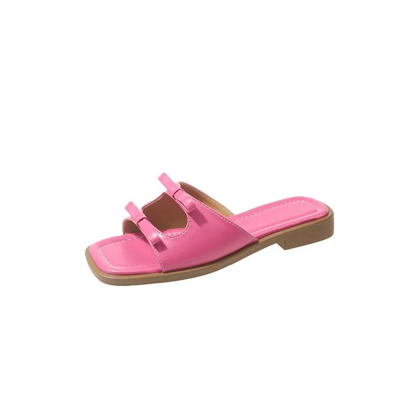 Новый стиль, модные удобные тапочки с квадратным носком и бантом на плоской подошве для женщин, повседневные пляжные сандалии для женщин, Zapatillas Mujer