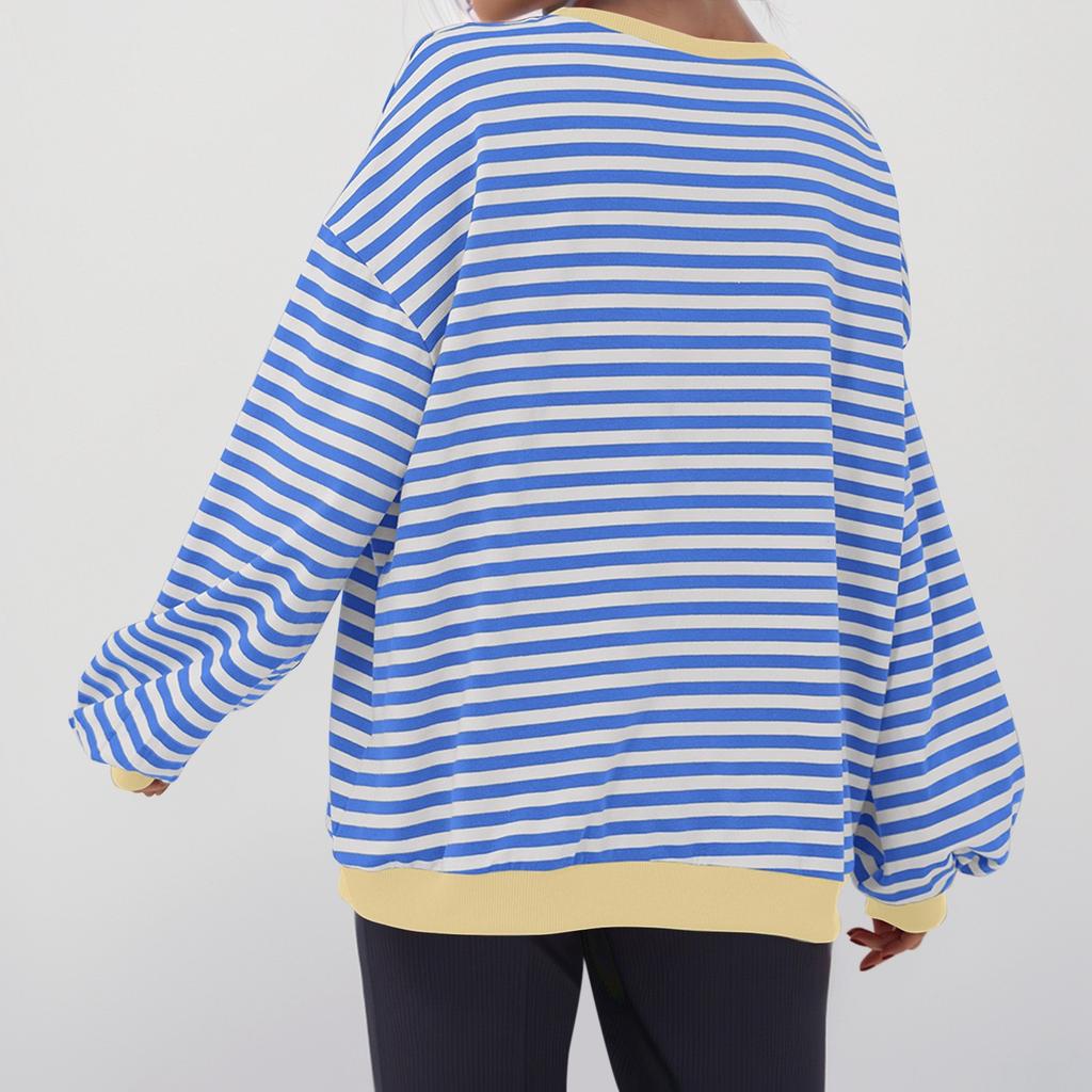 Women's Oversized Striped Color Blocking Long Sleeved Round Neck Sports Shirt Casual Loose Fitting Pullover Shirt Top