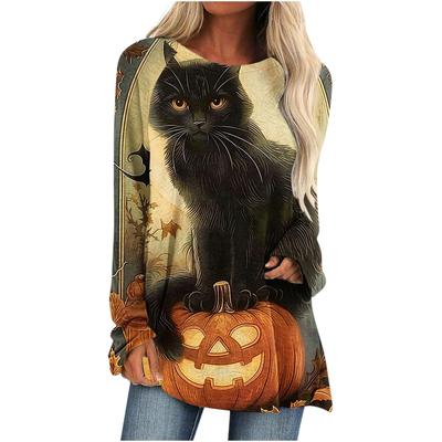 Футболки с изображением кота и тыквы на Хэллоуин, симпатичные женские футболки с 3D-принтом и привидениями, футболки с длинными рукавами, уличная одежда, свободные футболки, туники, топы, женская одежда