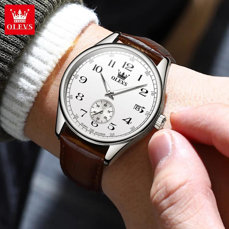 OLEVS Мужские часы кварцевые часы для мужчин кожаный ремешок роскошные деловые наручные часы дата водонепроницаемые арабские цифры маркеры