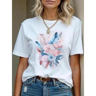 Летняя Удобная 3D Футболка с Цветочным Принтом, Повседневный Топ с Коротким Рукавом и Круглым Вырезом для Женщин