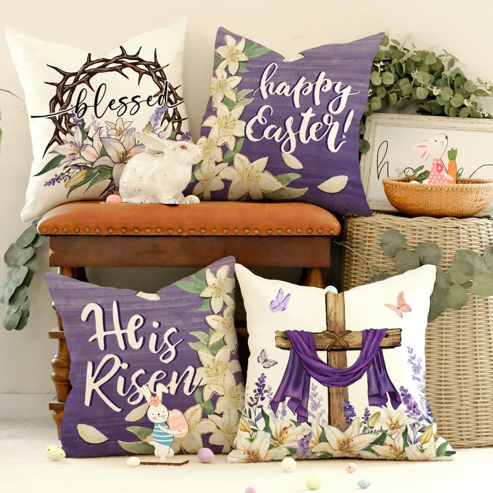 GEEORY Happy Easter He is Risen Throw Pillow Covers 18x18 Inch Set of 4, Cross Flower Wreath Blessed Spring Decorative Farmhouse Holiday Cushion Case
