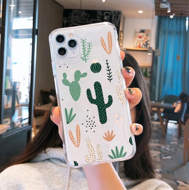 JAMULAR Cute Cactus Green Leaf Clear Phone Case For iPhone 11 12 13 Pro Max X XS XR SE2 7 8 6Plus Funny Plants Soft TPU Cover