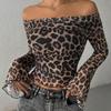 Women's T-shirt New Streetwear Fashion Long Sleeves Boat Neck Tees Sexy Leopard Backless Female Versatile Knitted Clothing