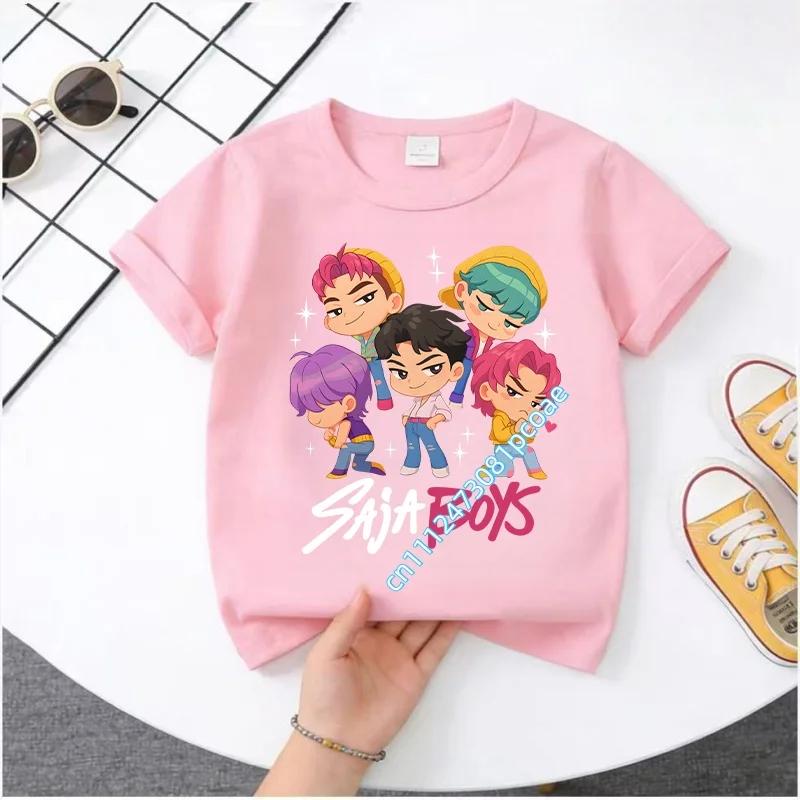 KPop Охотники на демонов 2026Новые Мальчики Саджа Мультяшные Мальчики Футболка Круглый вырез Модный Повседневный Топ Детская Футболка Детская Одежда
