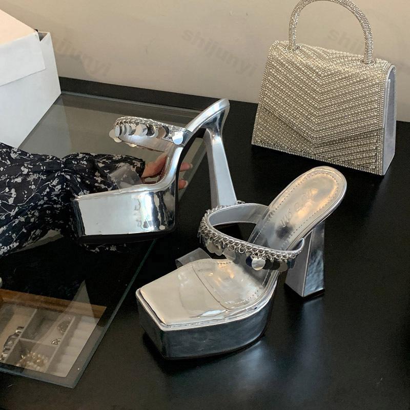 Fashion 2025 Spring New Fashion Elegant Transparent Toed Square Head French Style High Heels Cool Slippers for Women's Outerdoor Sandals