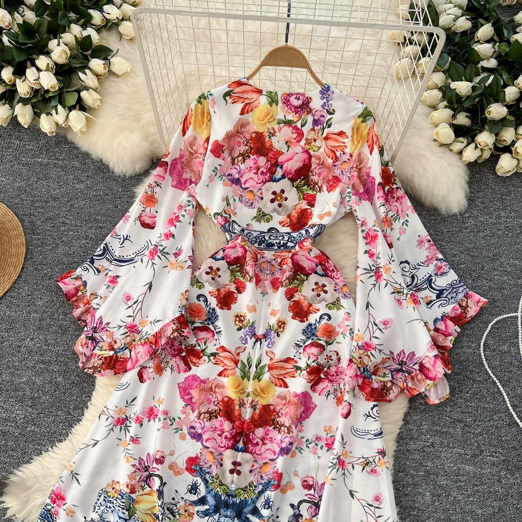 Весна Осень Женские Винтажные Принты V-образный вырез Расклешенные Рукава Длинные Макси Праздничные Пляжные Платья