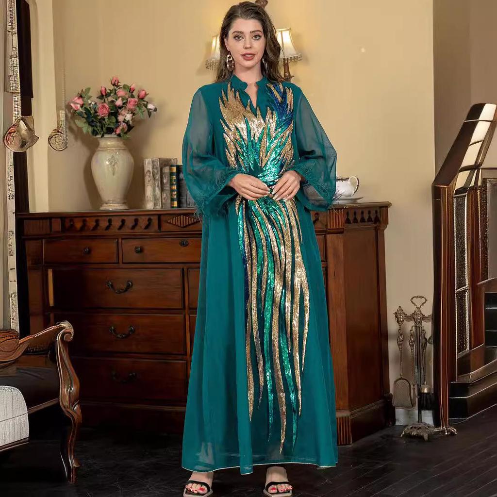 SW008 Мусульманская абайя с V-образным вырезом и длинными рукавами, украшенная страусиными перьями и пайетками