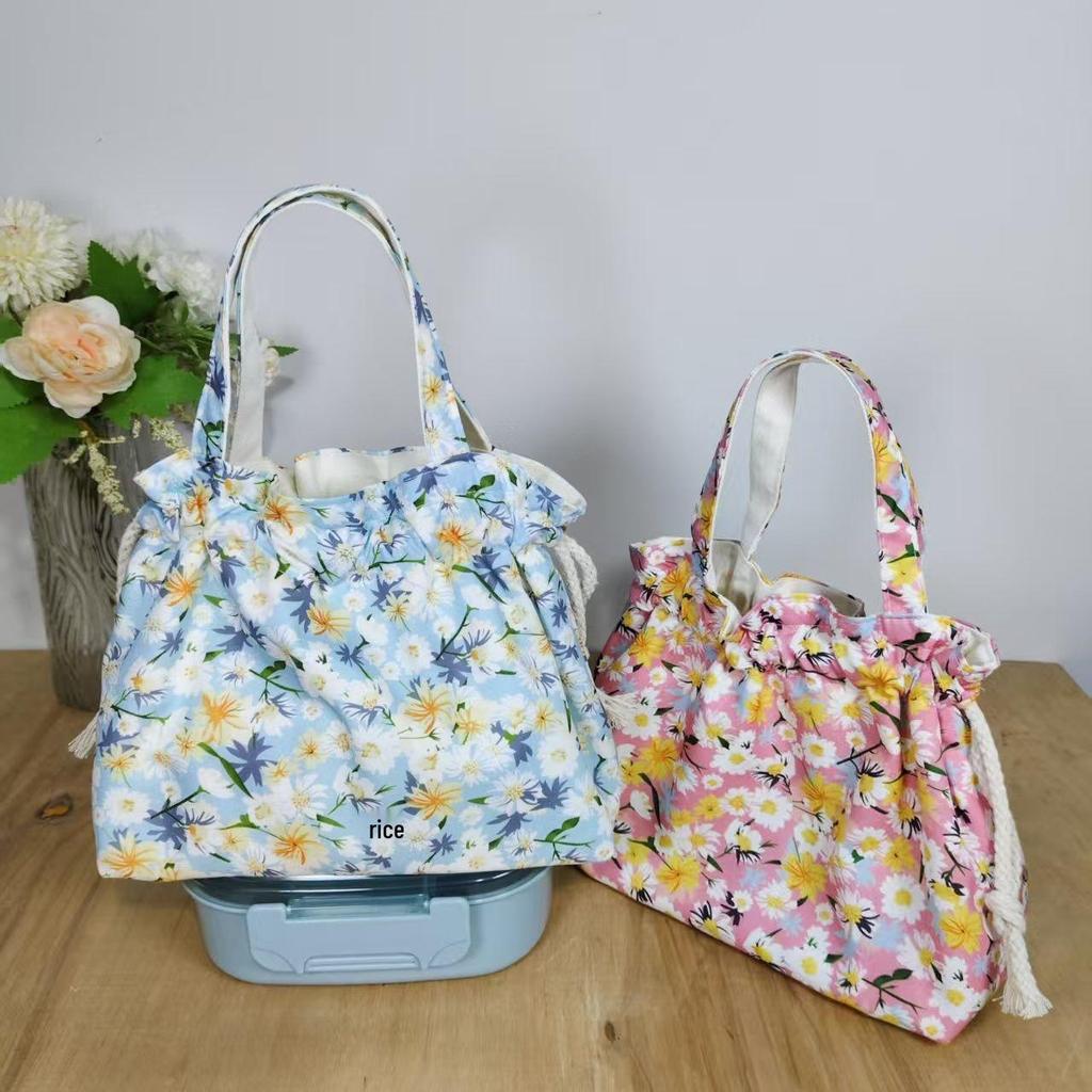 Floral Canvas Drawstring Tote Bag - Compact Lunch & Handbag for Women