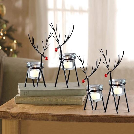 Pack of 4 Christmas Reindeer Tealight Candle Holders with Glass Holders Christmas Decorations for Home Office Church Table Decoration Indoor Outdoor
