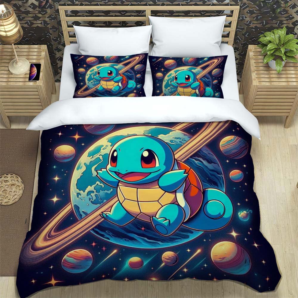 Squirtle-themed bedding sets available in various sizes, featuring soft duvet covers and pillowcases—suitable for teenagers, chi