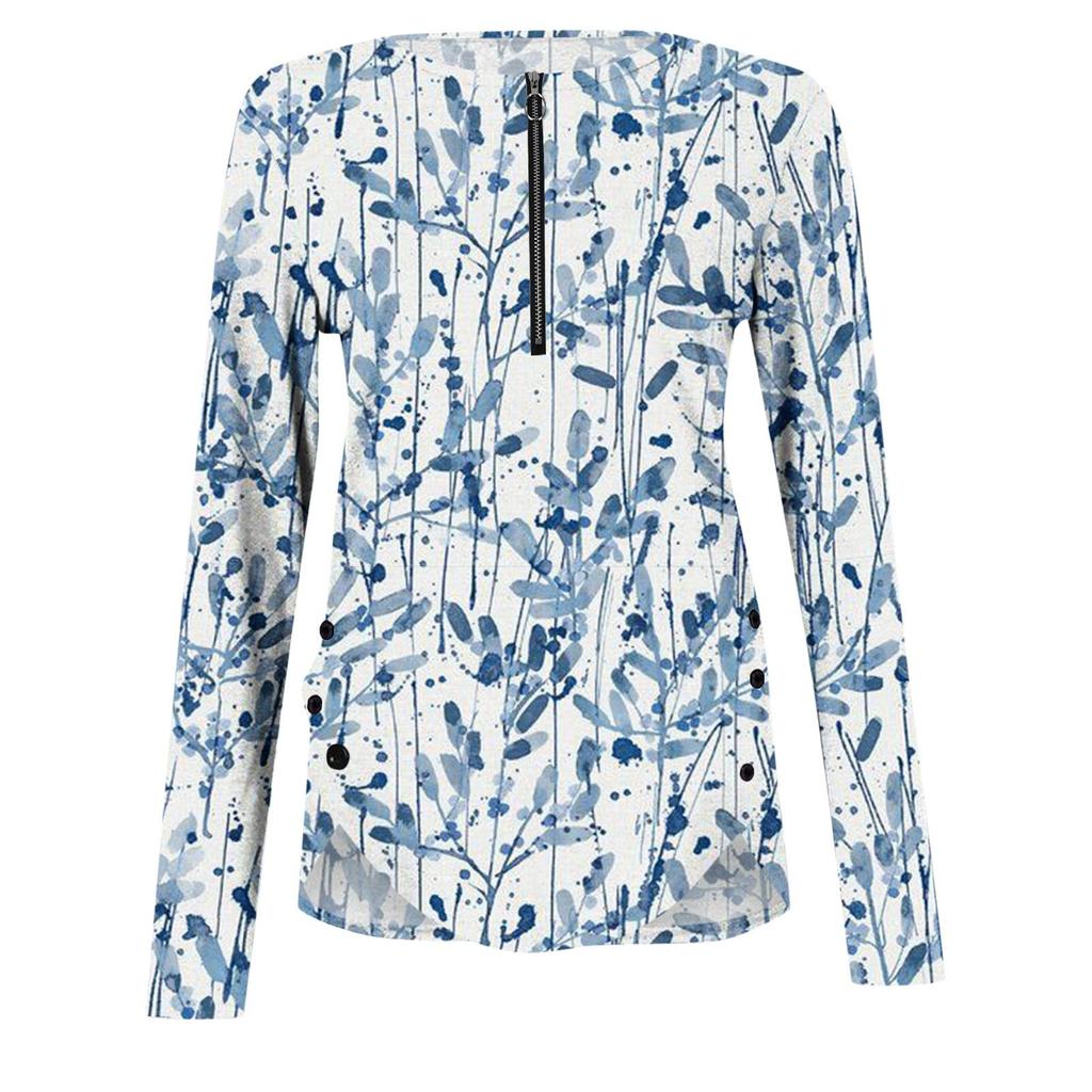Women's Fashion Casual Long Sleeve Print Round Neck Pullover Top Blouse