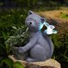 Lawn Cat Statue Outdoor Solar Cat Statue with Led Butterfly Waterproof Planter Pot Resin Kitten Figurine Decorative for Porch
