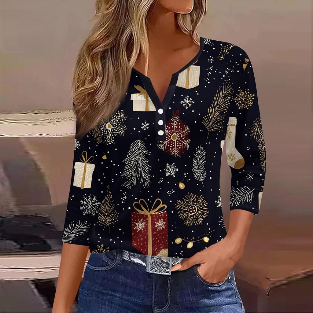 Женская модная повседневная футболка с принтом рождественской елки, V-образным вырезом, декоративными пуговицами и рукавом три четверти