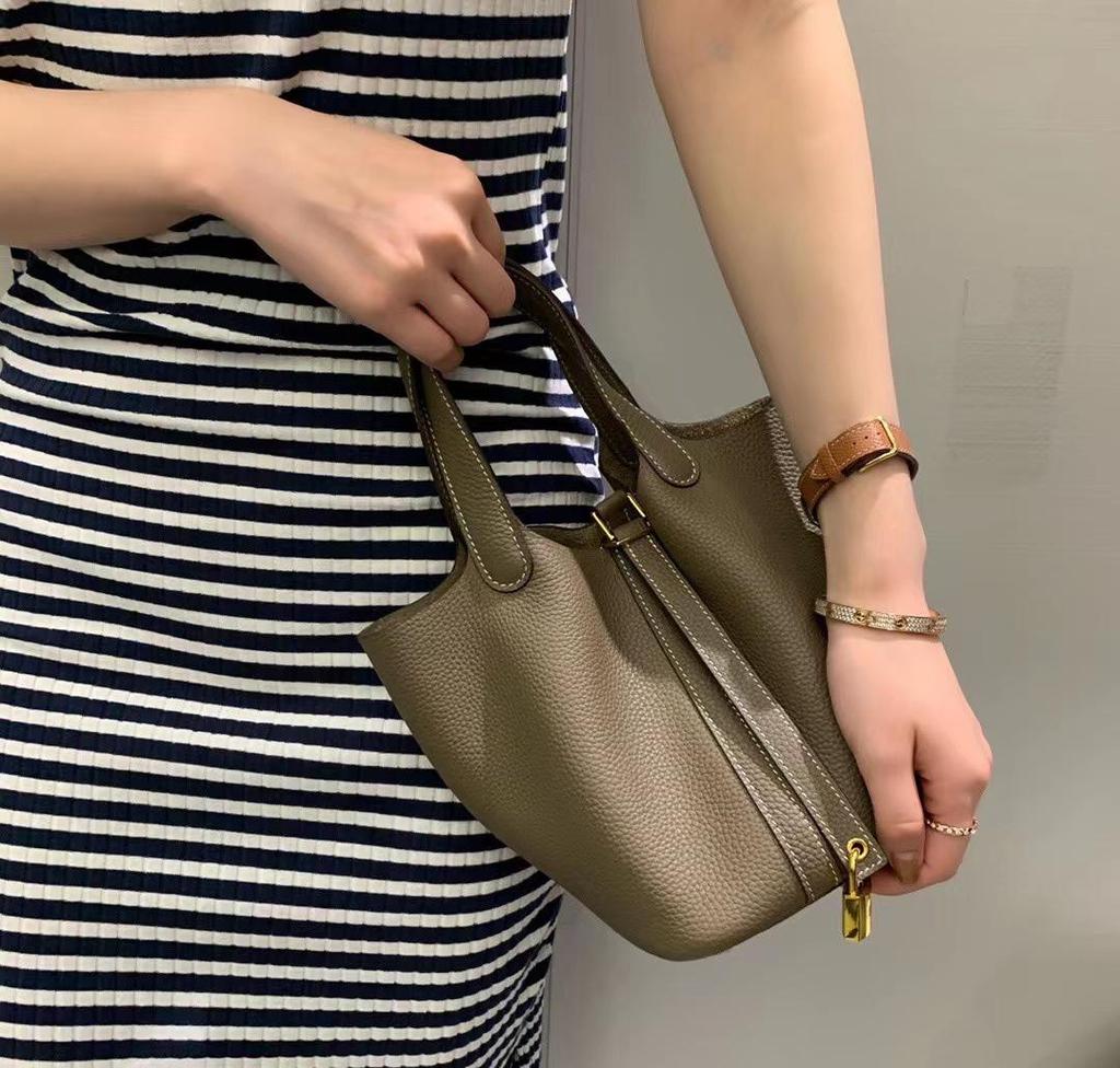 Импортная коровья кожа Ручная работа Кожаная женская сумка-ведро с зернистостью личи