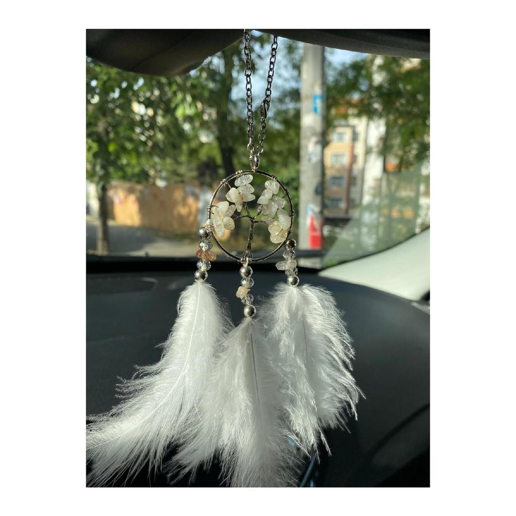 White Tree Of Life, Tree Of Life Natural Stone Feather Rear View Mirror Ornament Car Pendant