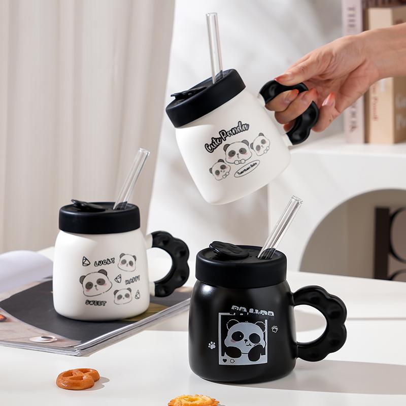 Чашка с соломенной крышкой, мультяшный домашний набор, керамическая чашка, милый маленький медведь, открывающаяся подарочная кружка, высокий внешний вид