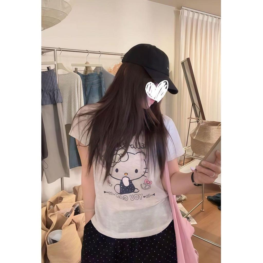 Korean cartoon printed short-sleeved t-shirt summer women's clothing new foreign style age-reducing front shoulder crew neck versatile top