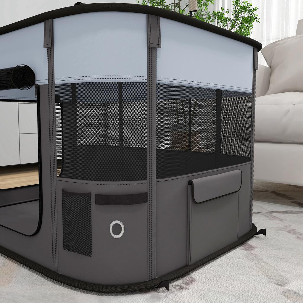 Pet Playpen with 7 Windows, 3 Doors and 2 Storage Bags, Made of Polyester and Steel, 84x64x53 cm