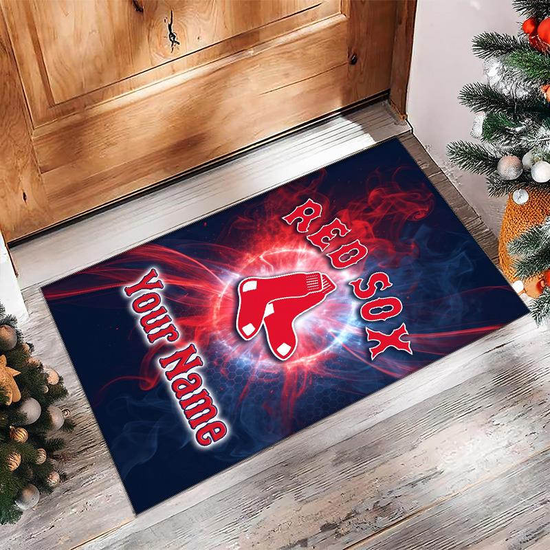 Boston Red Sox Crystal Velvet Rug, Custom Name Text Personalized Non‑Slip Floor Mat for Home Decor Gift