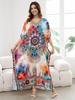 2024 Bohemian Chic Printed Batwing Sleeve V-образный вырез с разрезом по бокам Макси-платье Женская летняя одежда Пляжная одежда Купальный костюм Накидка Q1594