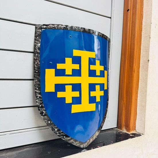 71.12 cm Medieval Crusader Jerusalem Cross Shield Blue Yellow Kite Shield Handcrafted Knight Armor for Reenactment, LARP Wall Gift