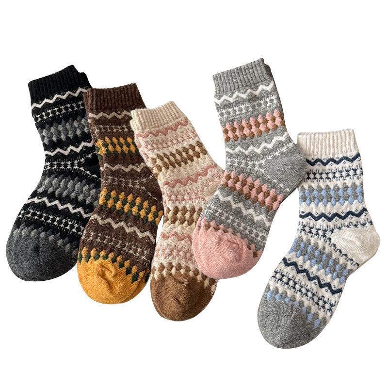 Женские винтажные шерстяные носки в стиле Fair Isle, утолщенные теплые до середины икры, осенне-зимние, кофейного цвета, до колена.
