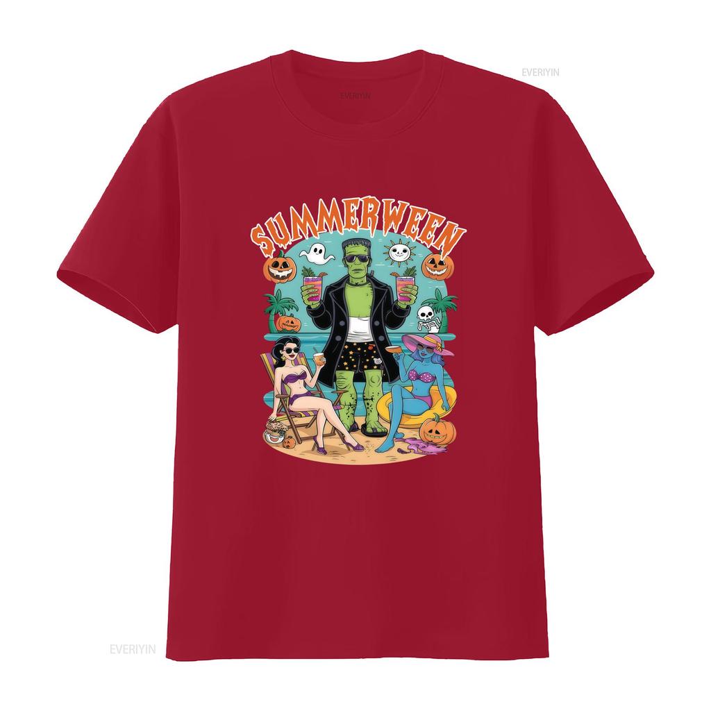 Casual Retro Cartoon Summerween Frankenstein Funny Spooky Beach T Shirt vintage Washed Top For Everyday Wear Breathable