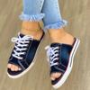 Ladies Slippers Canvas Lace-up Open-toed New Flat-Bottom Casual Women Fashion Denim Beach Shoes 35-43