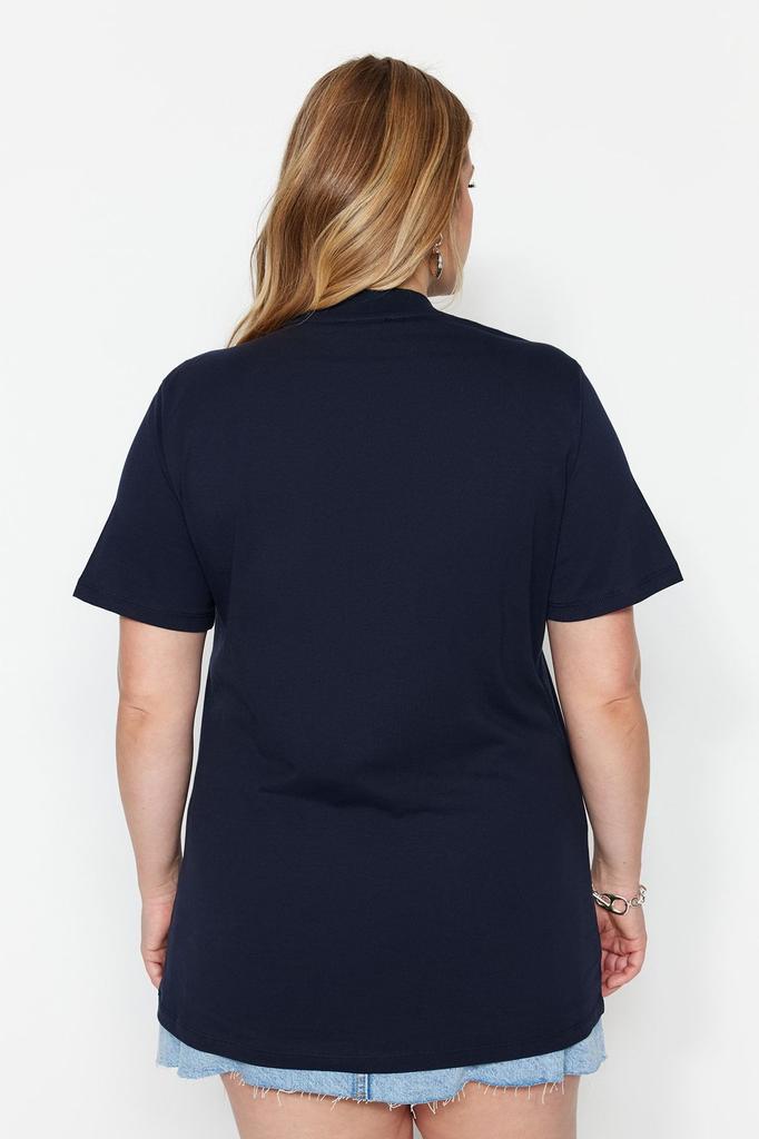 Women's Style Plus Size White Navy Blue Ribbed Collar Boyfriend Knitted T-shirt